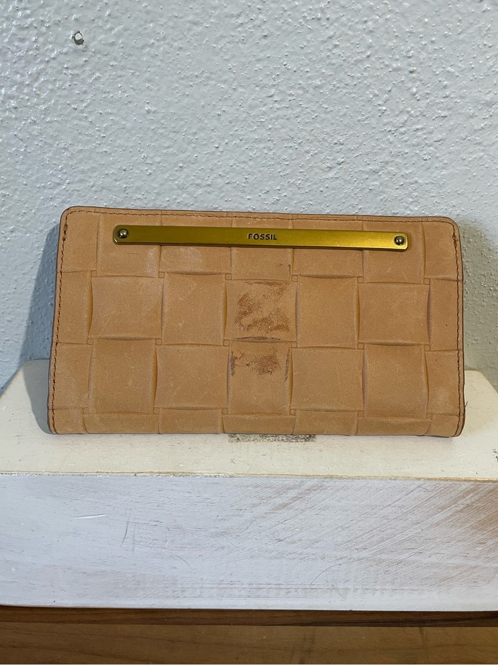 Fossil Tan Leather Woven Wallet Organizer Clutch Card Holder Basketweave Texture